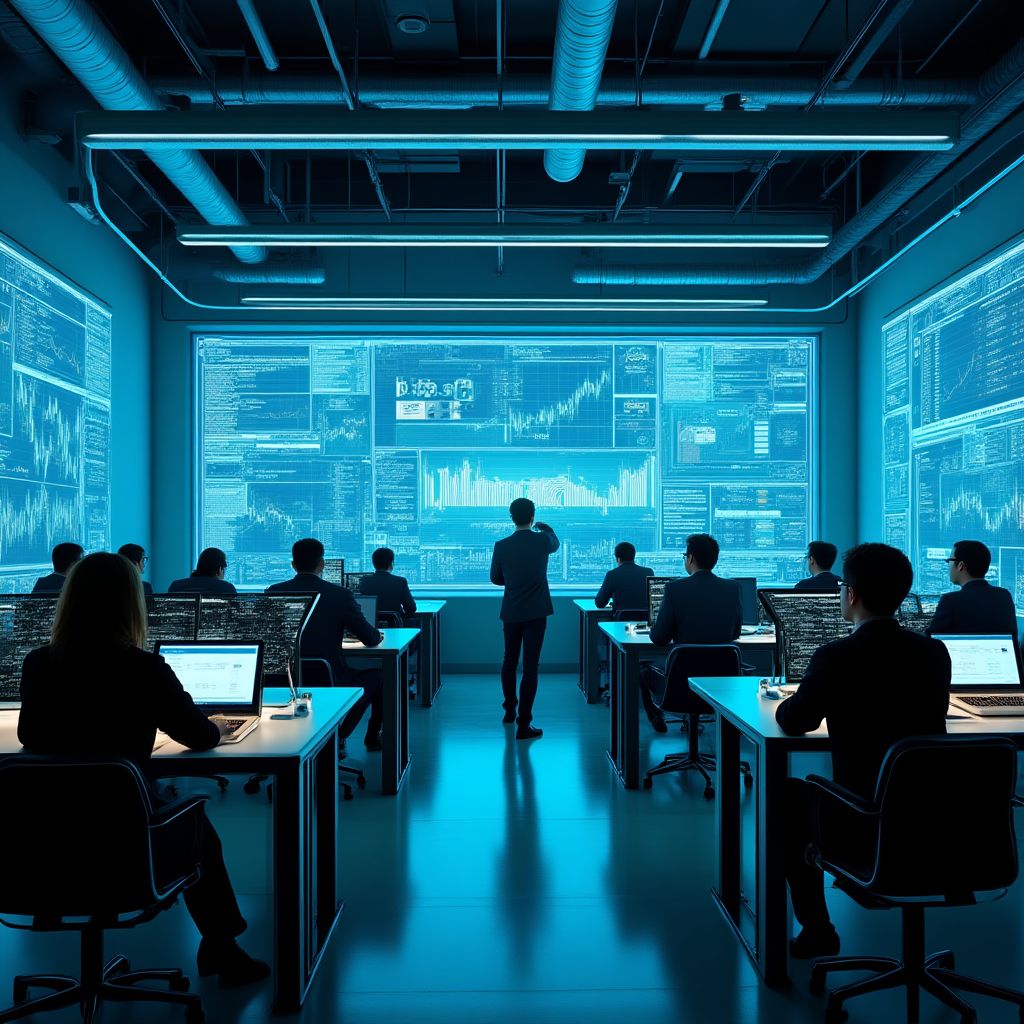 Laboratorio de innovación financiera con investigadores trabajando